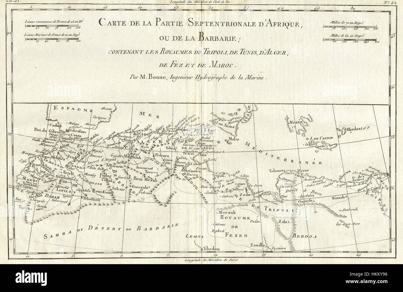 1780 Bonne Map of North Africa and the Western Mediterranean, Barbary Coast - Geographicus - BarbaryCoast-bonne-1780 Stock Photo