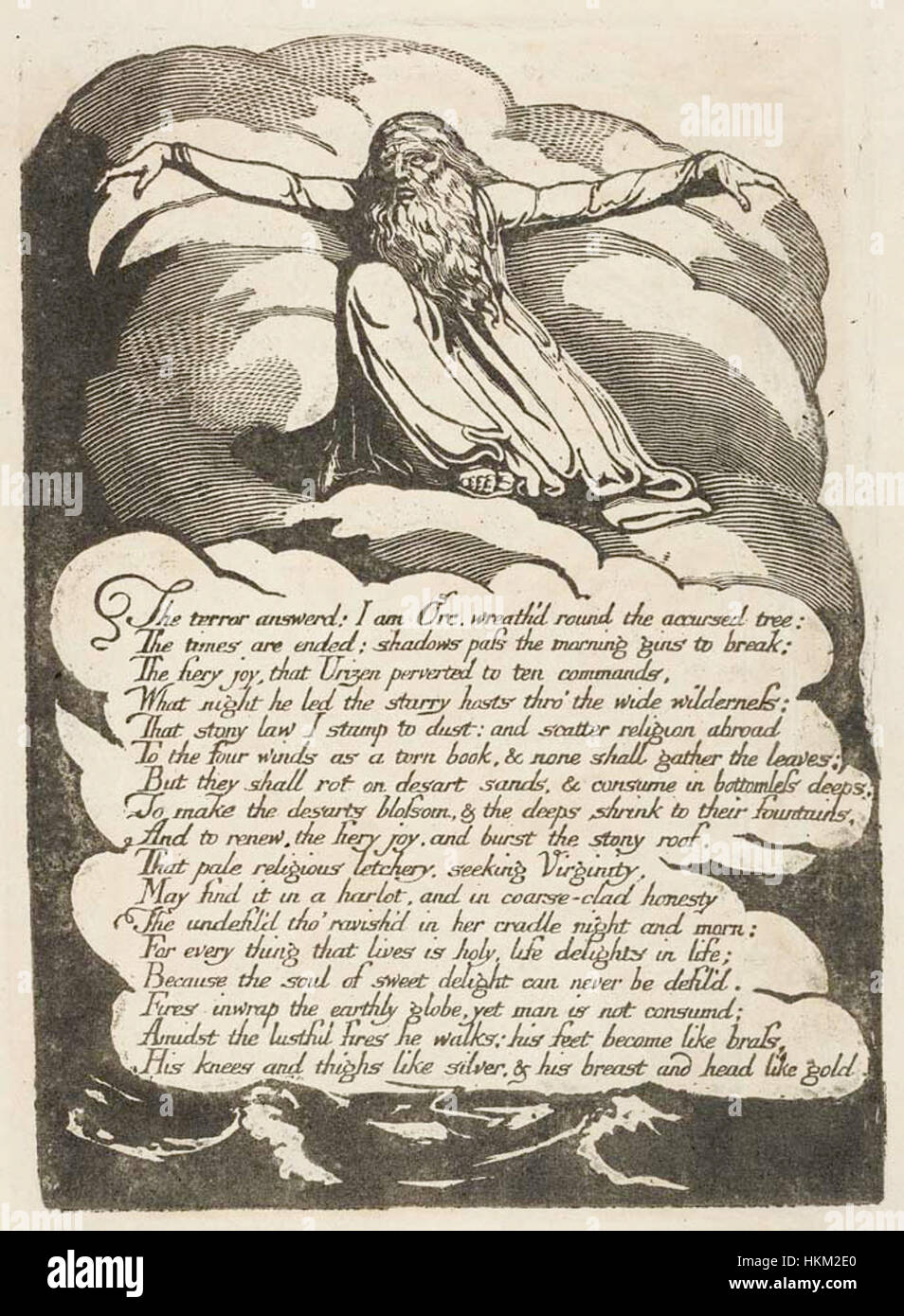 This 1793 copy of 'America a Prophecy' by William Blake depicts the artist's visionary interpretation of America as a place of both promise and conflict. The artwork is housed at the Henry E. Huntington Library and Art Gallery, showcasing Blake’s symbolic style. Stock Photo