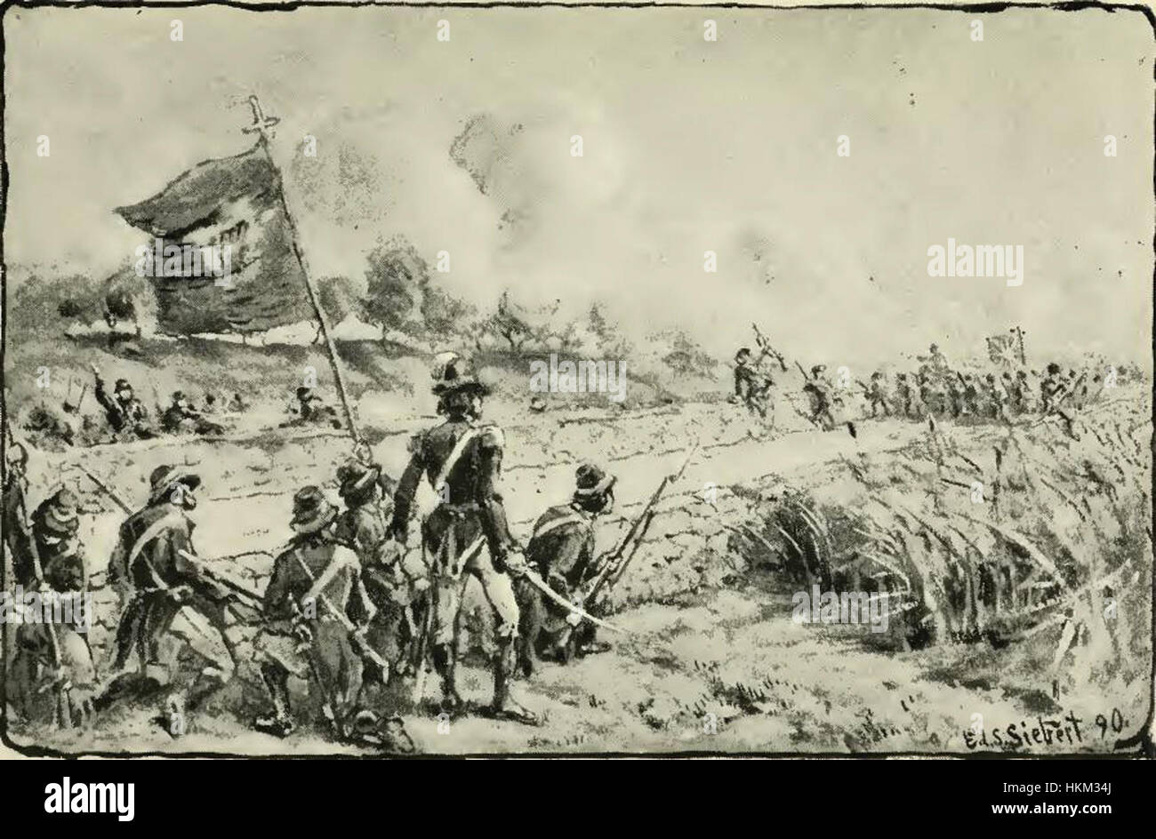 The 'Battle of Killala 1798' painting depicts a key event in the Irish Rebellion of 1798, illustrating the dramatic confrontation between Irish rebels and British forces during the struggle for Irish independence. Stock Photo