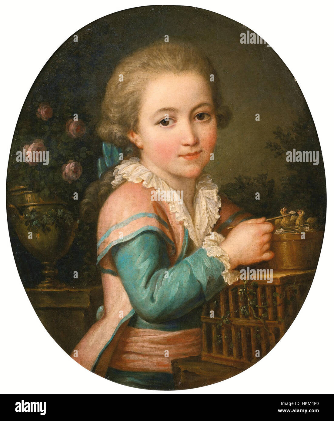MarieVictoire Lemoine (attr) Portrait of a boy feeding two bird Stock