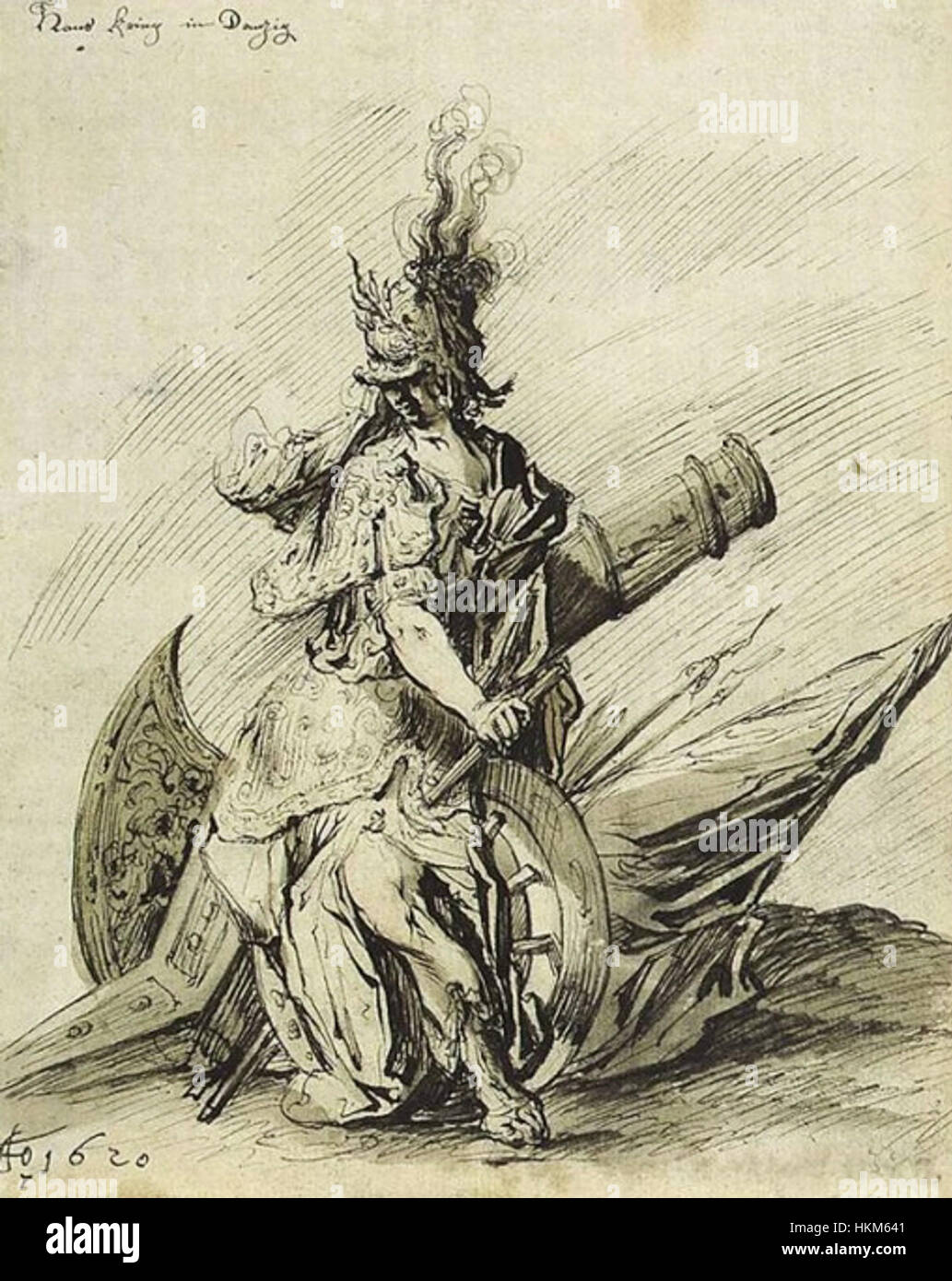 'Krieg Bellona' is a painting depicting the classical figure of Bellona, the Roman goddess of war, often associated with military campaigns. The artwork embodies themes of conflict and the depiction of war deities in art. Stock Photo
