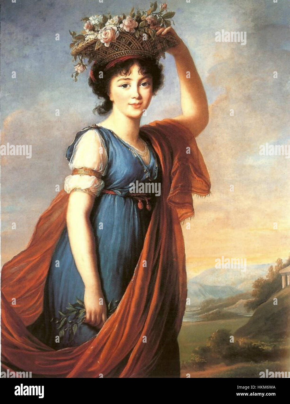 The portrait of Eudocia Ivanovna Galitzine as Flora, painted in 1799, represents the Russian noblewoman in the guise of the Roman goddess of flowers. This Neoclassical painting blends mythological symbolism with aristocratic portraiture. Stock Photo