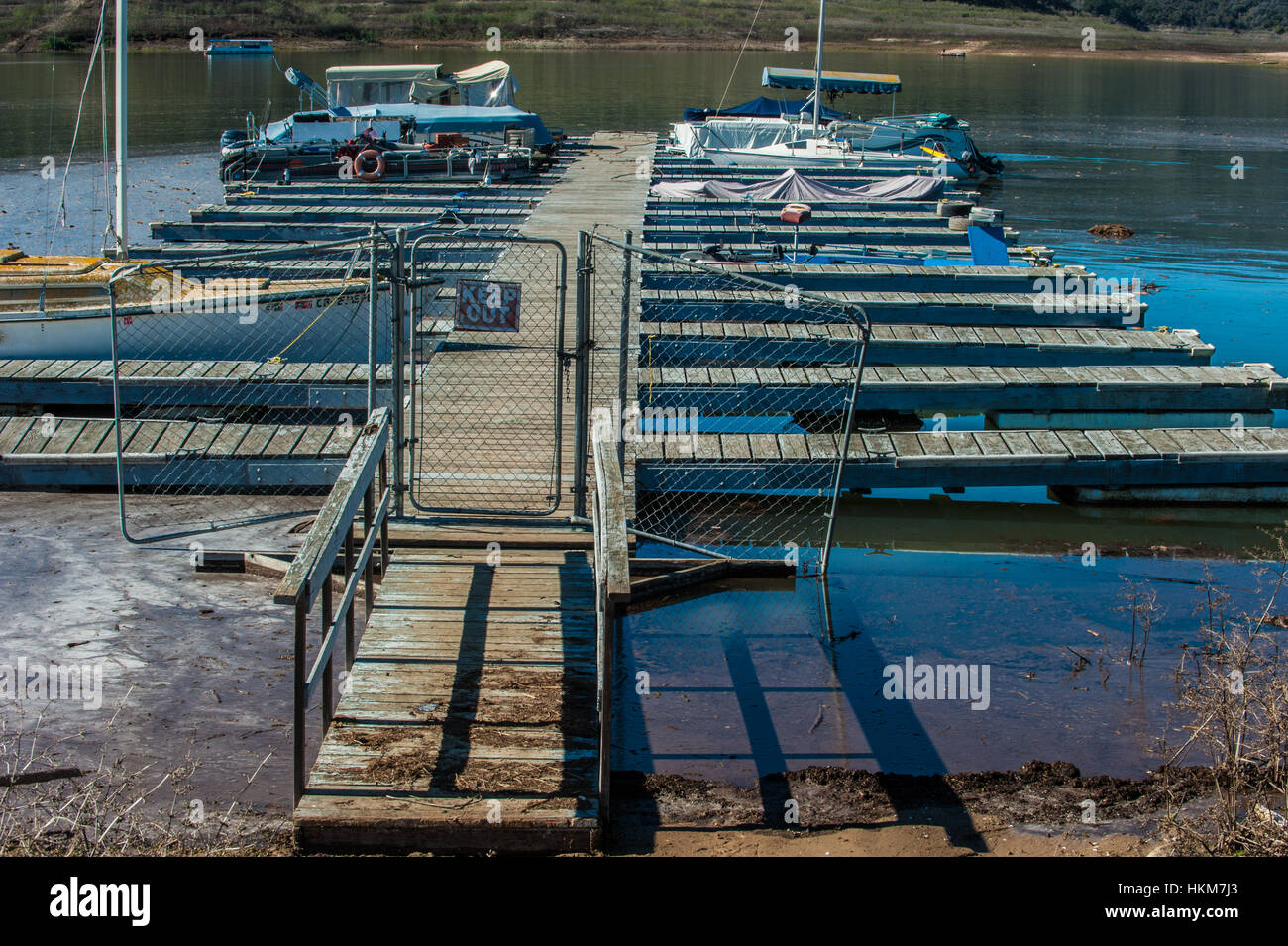 Low level lake and much needed repairs for the docks at Casitas. Stock Photo