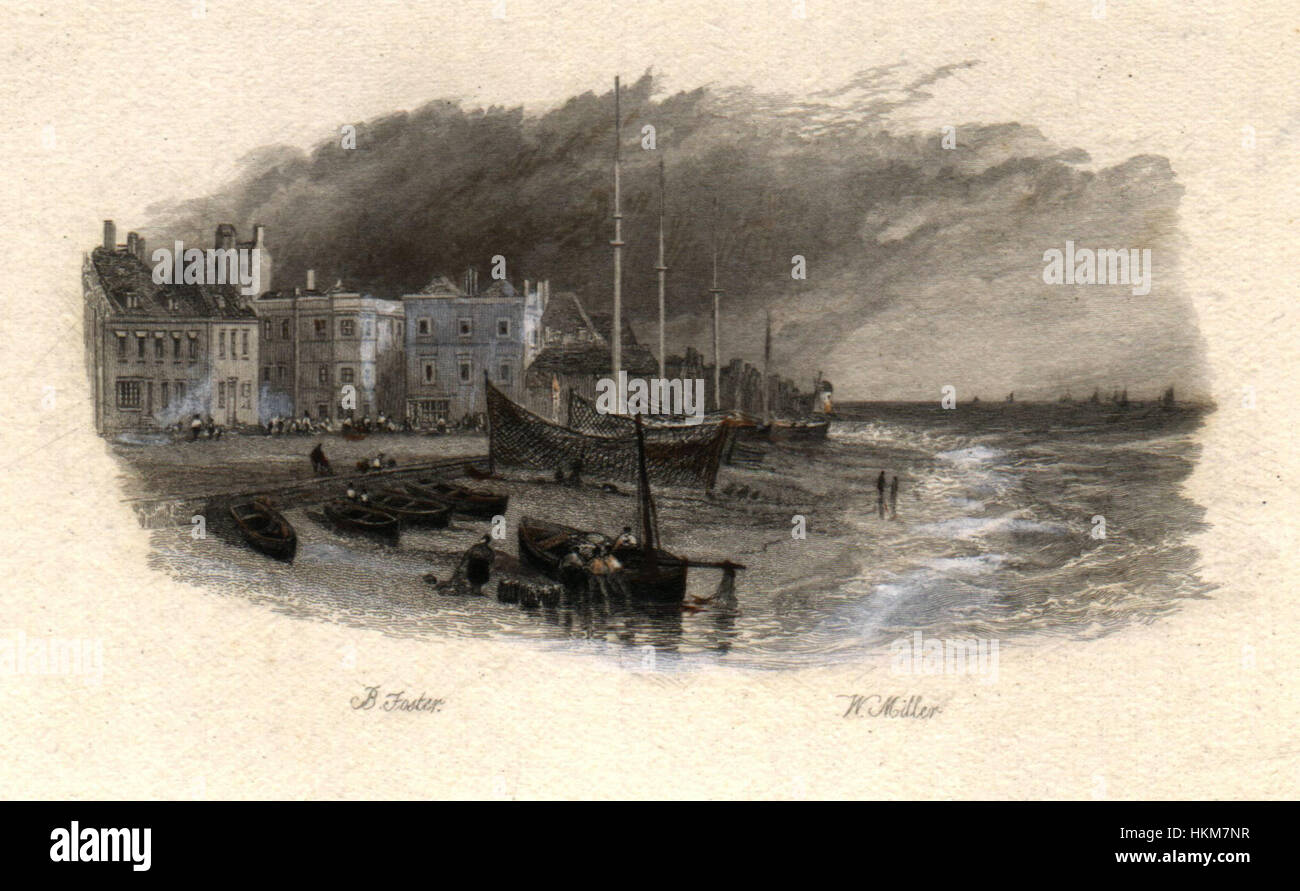 *He was saved from the hungry deep* is a touched proof engraving by William Miller after a work by Birket Foster. It portrays a dramatic rescue at sea, capturing the emotional intensity and perilous nature of maritime survival. Stock Photo
