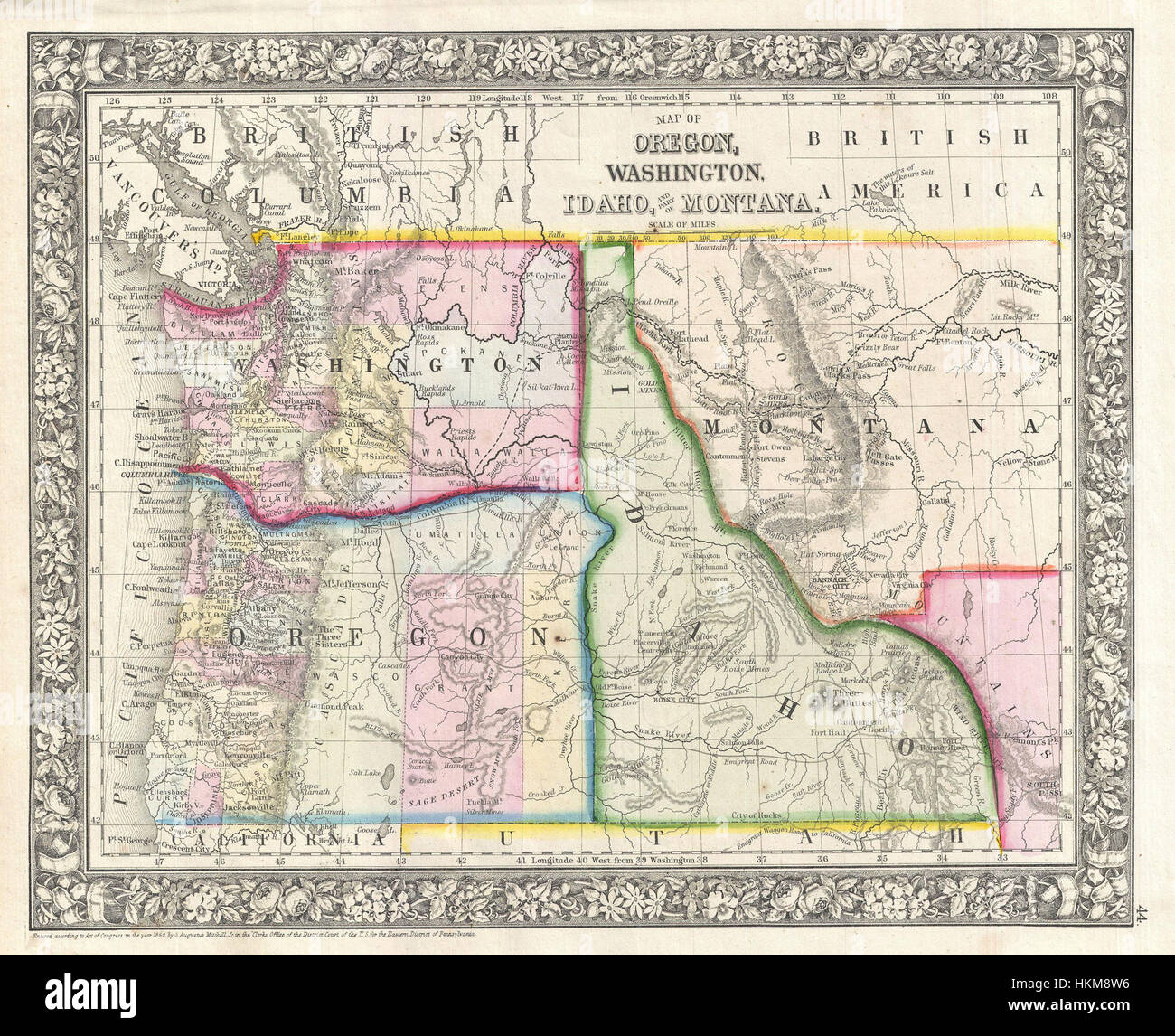 1866 Mitchell Map of Washington, Oregon, Idaho and Montana 