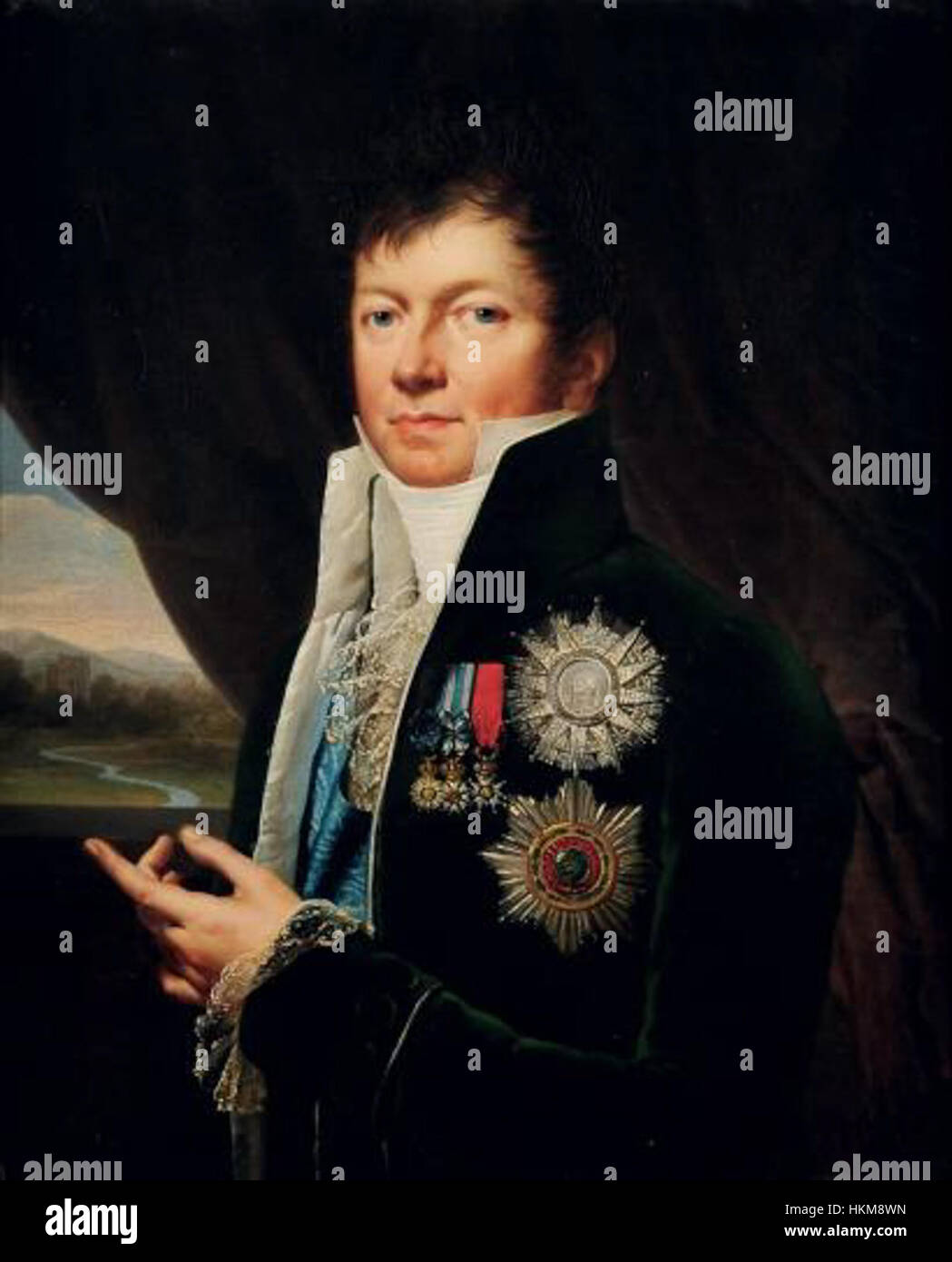 A portrait painting by Bouchet of Count d'Arjuzon, a nobleman from France and Grand Chamberlain of Holland. The piece is an example of 18th-century aristocratic portraiture, capturing the elegance and stature of French nobility. Stock Photo