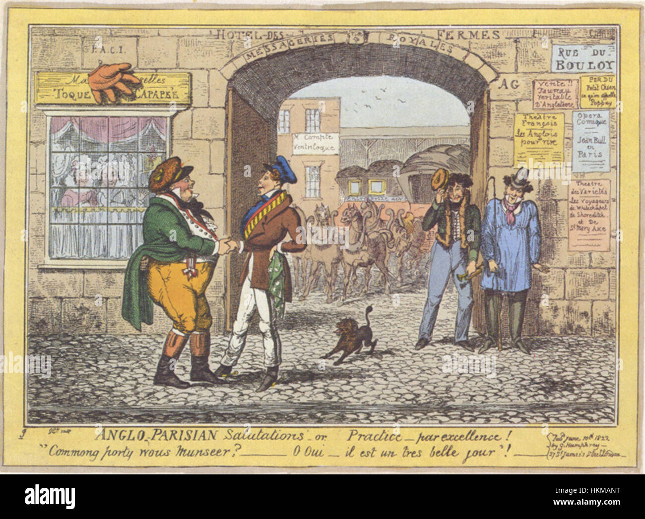 This painting by Cruikshank, 'Anglo Parisian Salutations,' humorously portrays the social interactions between the British and the French in the 19th century, with sharp caricatures and satirical details. Stock Photo