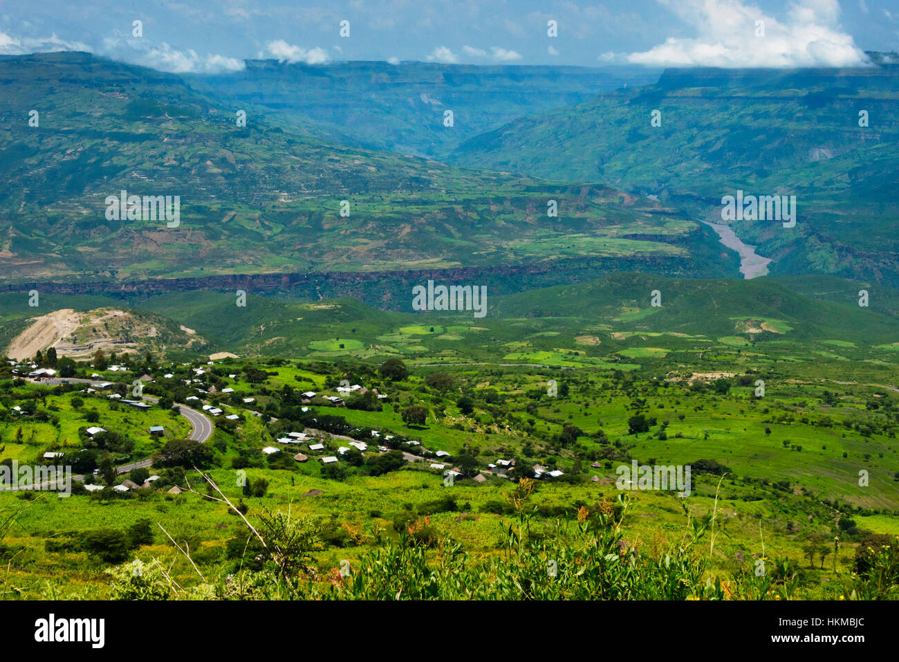 Village and farmland, Great Blue Nile Gorge, Bahir Dar, Ethiopia Stock Photo