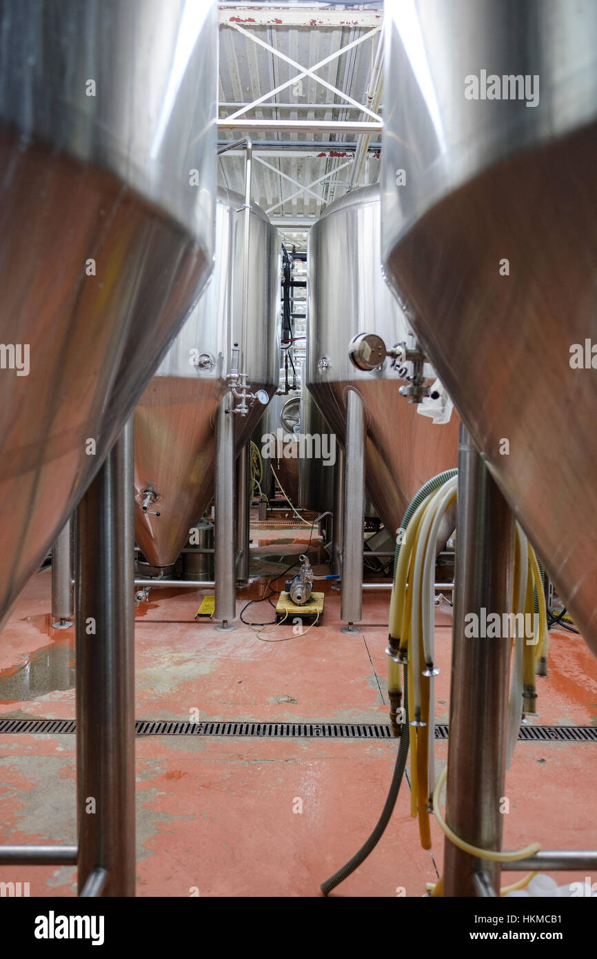Several stainless steel commercial beer tanks / vats used for fermenting beer at Railway City Brewing Co. in St Thomas, Ontario, Canada. Stock Photo