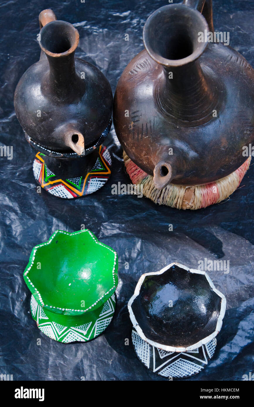 Coffee cups and jars in a coffee house, Zege peninsula in Lake Tana, Bahir Dar, Ethiopia Stock Photo