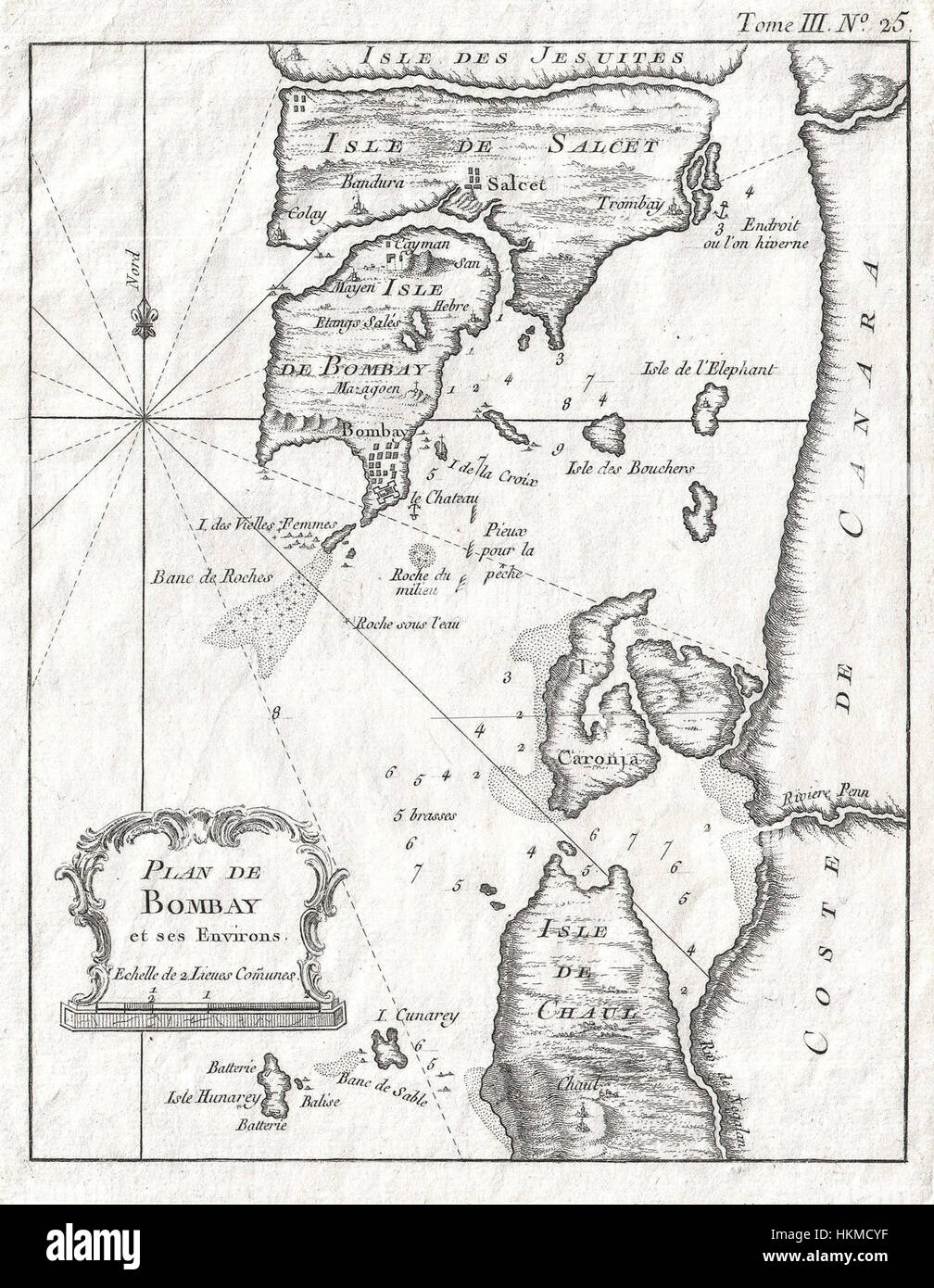 This 1764 map by Bellin presents a detailed depiction of Bombay (modern-day Mumbai), India. The map includes the region’s geographic features, important landmarks, and its role as a growing colonial port during the 18th century. Stock Photo