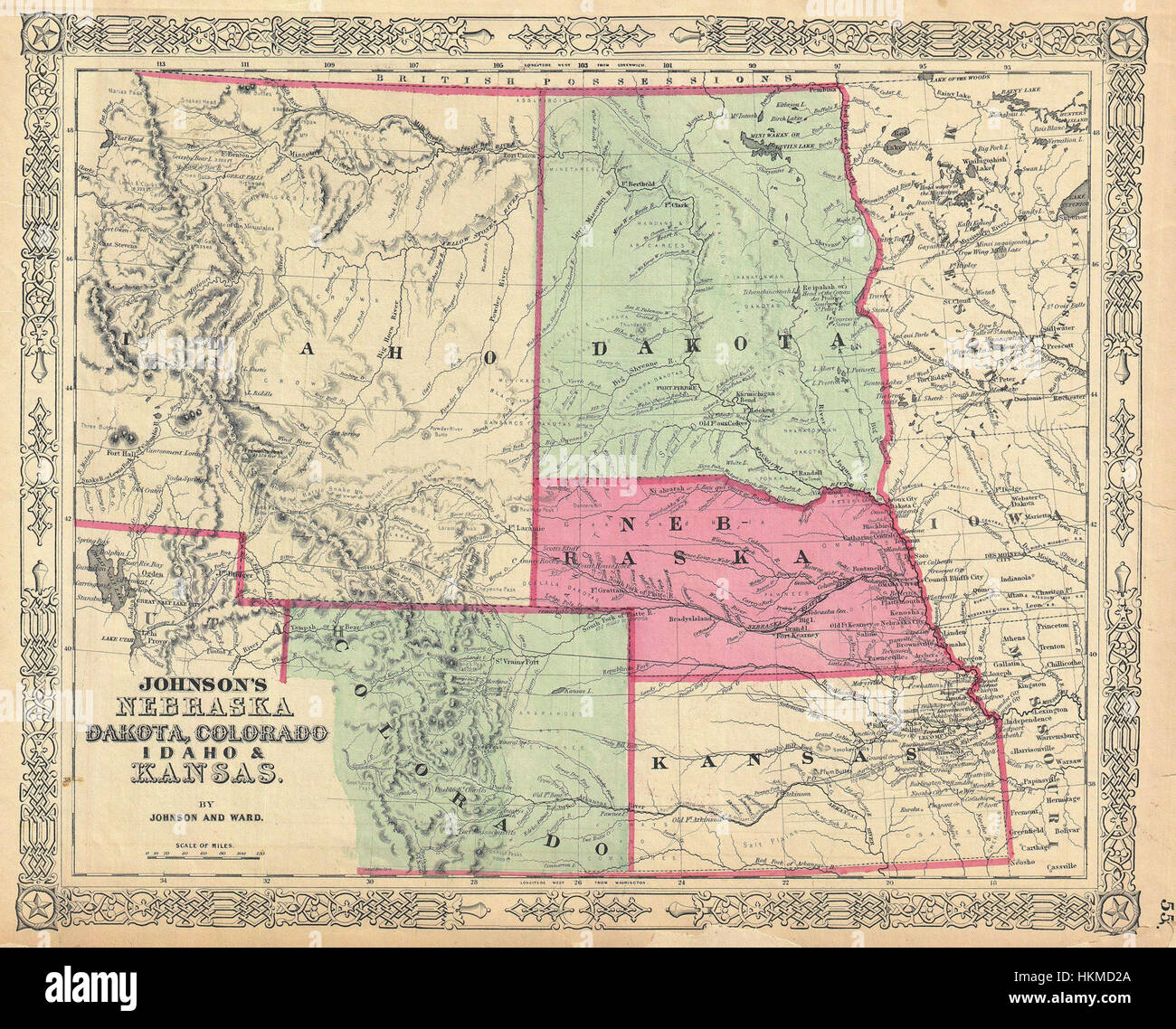 1864 Johnson Map of Idaho, Dakota, Nebraska, Kansas and Colorado 