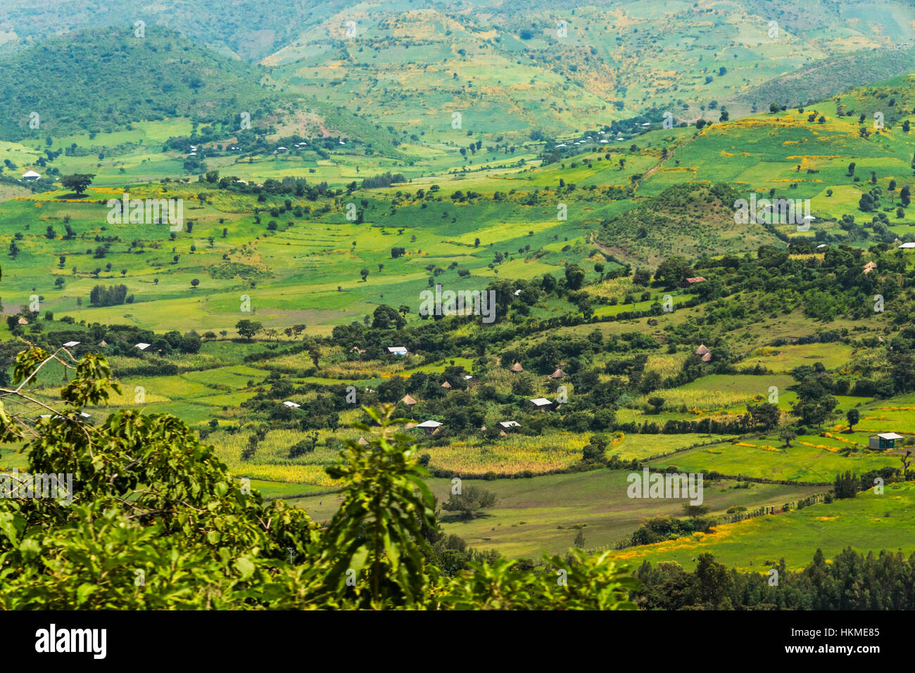 Village houses and farmland in the mountain, Gondar, Ethiopia Stock