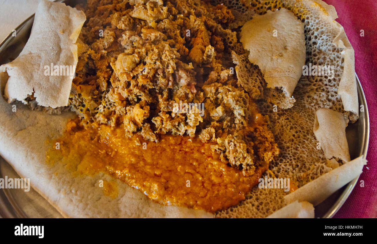 Injera flat bread made of teff flour, Ethiopian national dish, Ethiopia Stock Photo