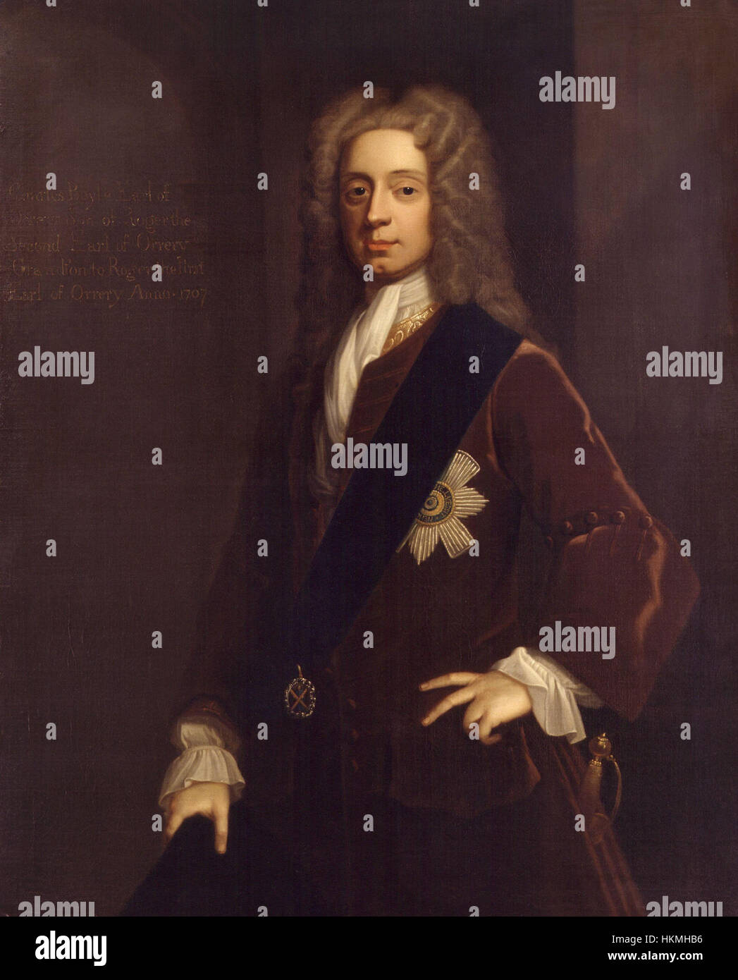 This portrait by Charles Jervas depicts Charles Boyle, the 4th Earl of Orrery, known for his contributions to the arts and sciences in 18th-century Britain. The painting showcases his noble stature and intellectual accomplishments. Stock Photo