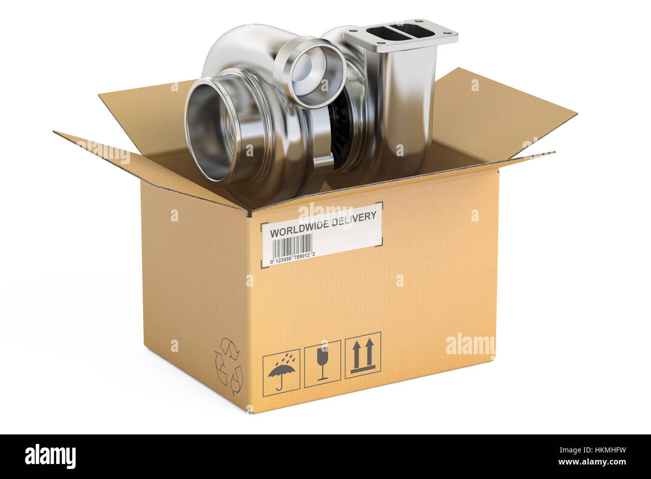 Cardboard Box with Car Turbocharger, 3D rendering Stock Photo