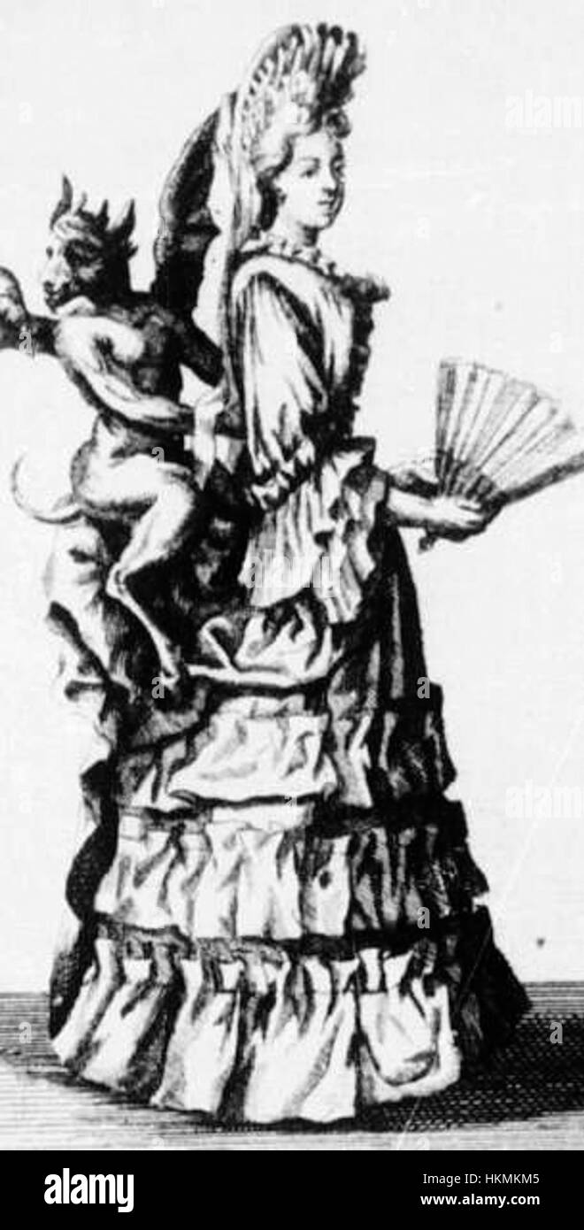 A painting depicting fashion from the 1700s, focusing on the distinctive bustle style worn during this period. The artwork showcases the fashion trends of the early 18th century. Stock Photo