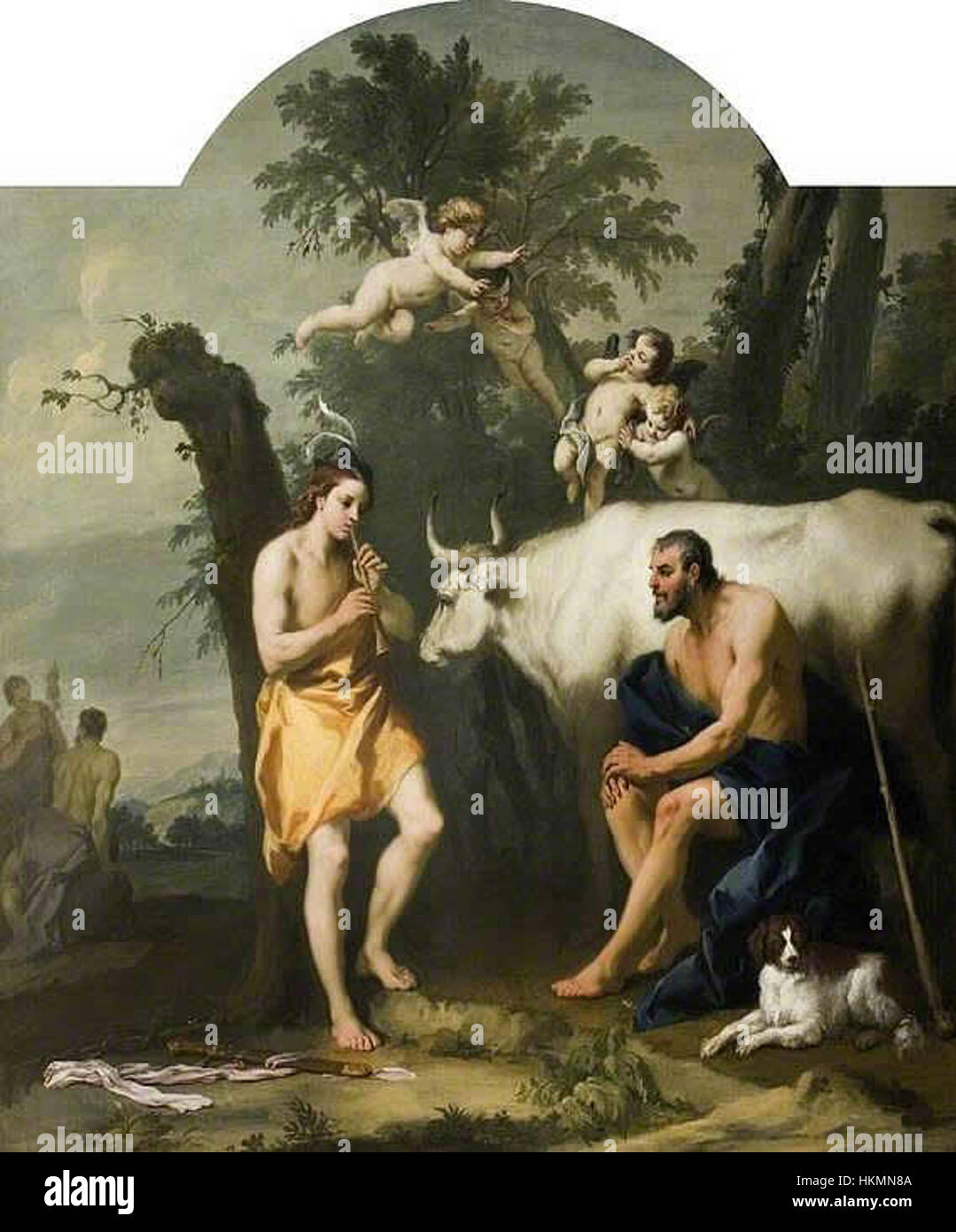 'Argus Guarding Io' by Jacopo Amigoni is a painting depicting the mythological story of Io, transformed into a white heifer by Zeus. The work captures Argus' watchful gaze over Io, symbolizing the themes of surveillance, transformation, and Greek mythology in 18th-century art. Stock Photo
