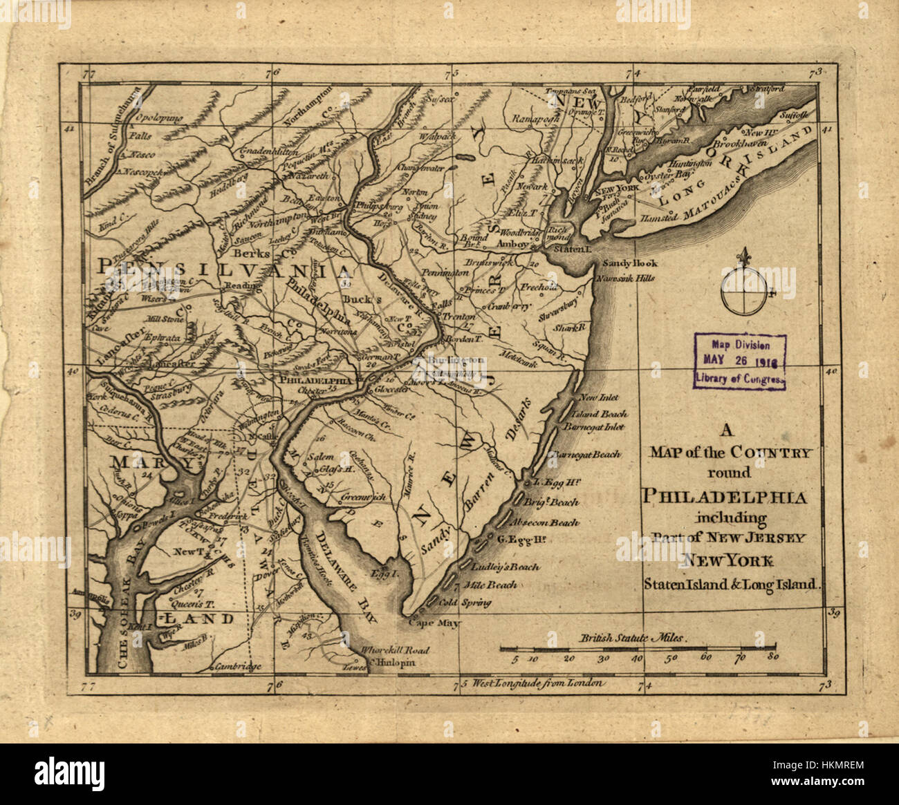 A Map of the Country round Philadelphia Including Part of New Jersey and New York, 1776 WDL9577 Stock Photo