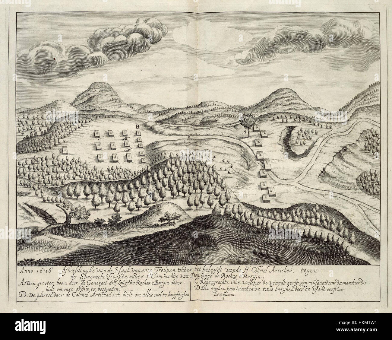 AMH-6720-KB Bird's eye view of a battle between the Dutch West India Company and the Spanish in 1636 Stock Photo