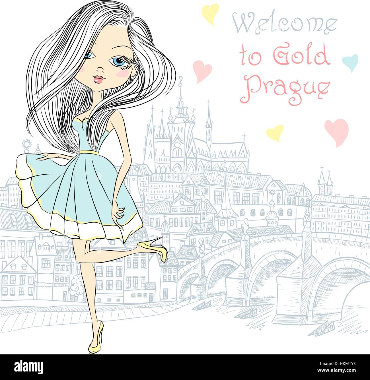 Vector cute girl in Prague Stock Vector