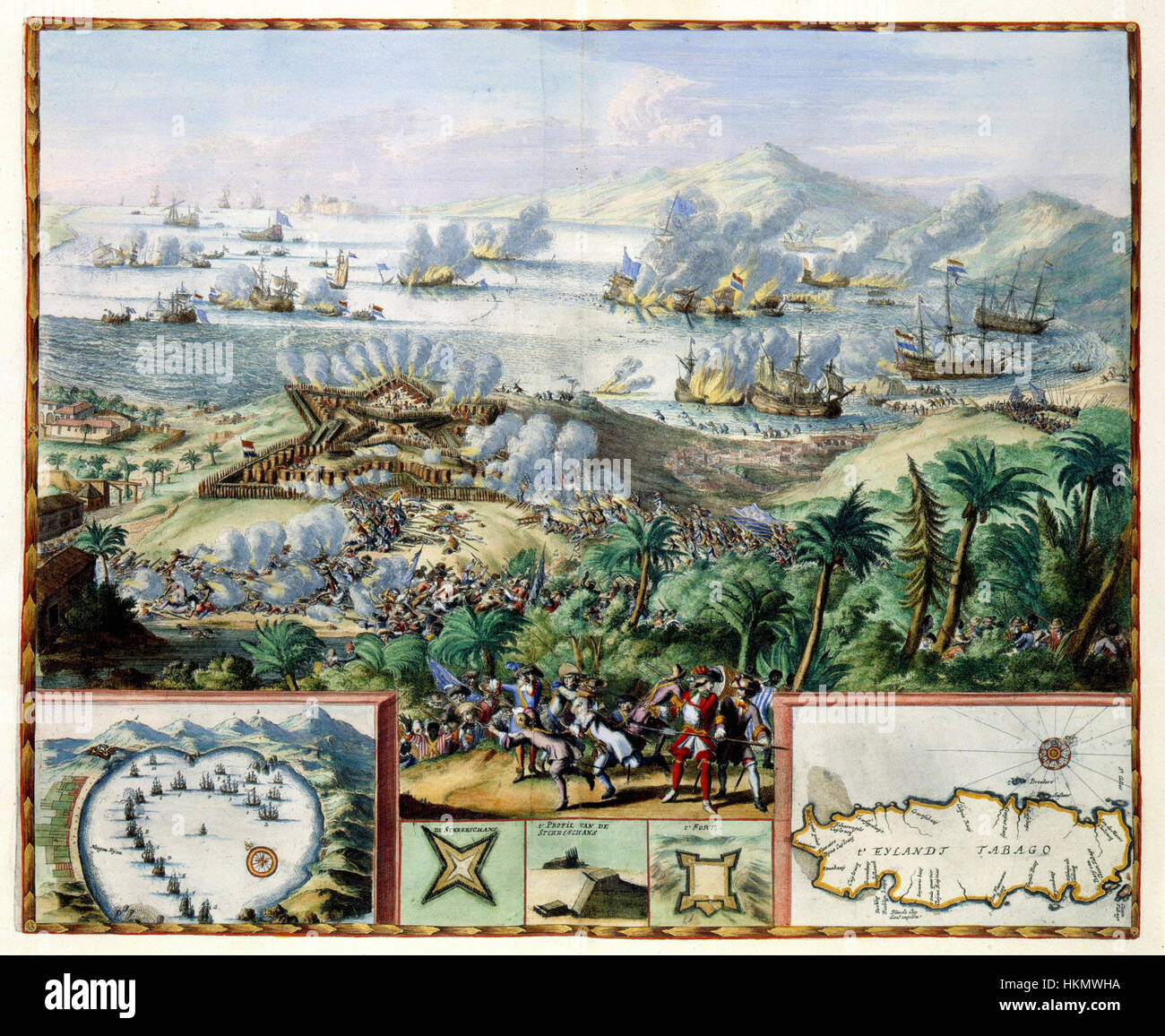 AMH-7809-KB View of the sea battle between the Dutch and the French at Tobago in 1676 Stock Photo