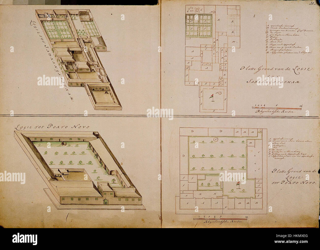 These maps depict the layout of lodges at Sadrangapatnam and Porto Novo, two historical sites. The artwork offers a precise representation of the structures and geography of the locations in India. Stock Photo