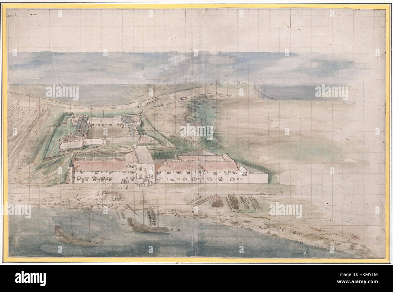 This historical painting depicts the Governor's house and warehouses in ...