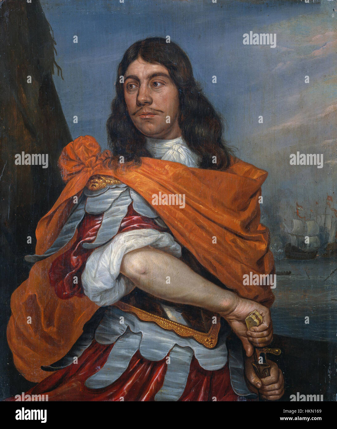 Abraham Willaerts' painting 'Cornelis Tromp in Roman Costume' from 1673 depicts the Dutch admiral Cornelis Tromp dressed in Roman attire, highlighting the fusion of classical references with Dutch naval history. Stock Photo
