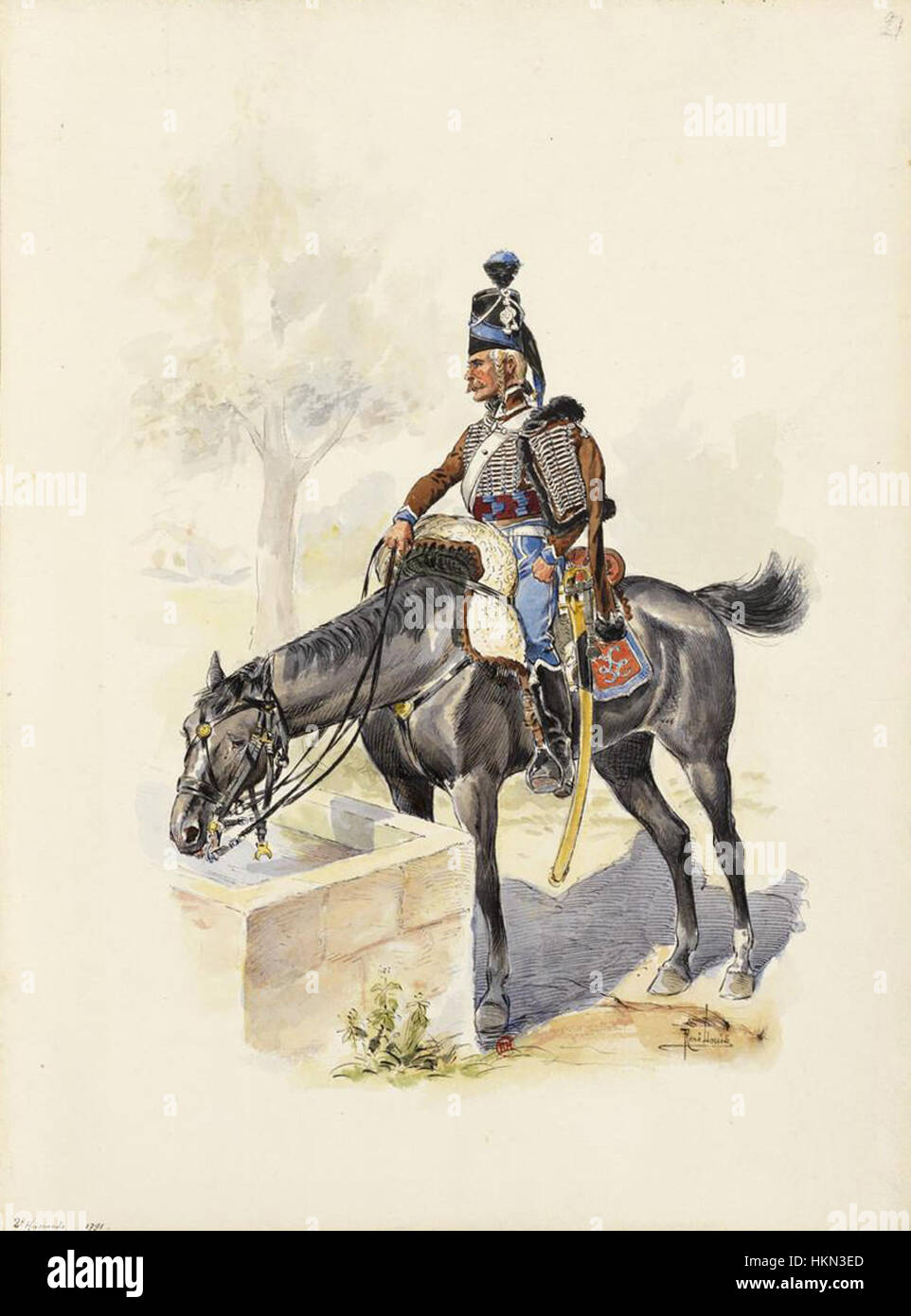 A painting depicting a cavalryman from the 2nd Hussars, dated 1791. The artwork captures the uniform and military attire of this French cavalry regiment during the late 18th century. Stock Photo