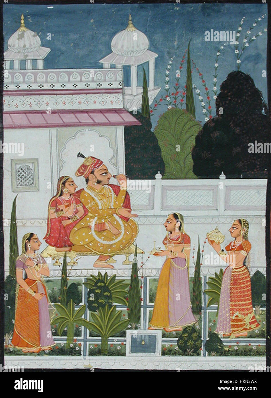 Ancient Raja Rani A historical artwork depicting a raja and his rani on a terrace ...