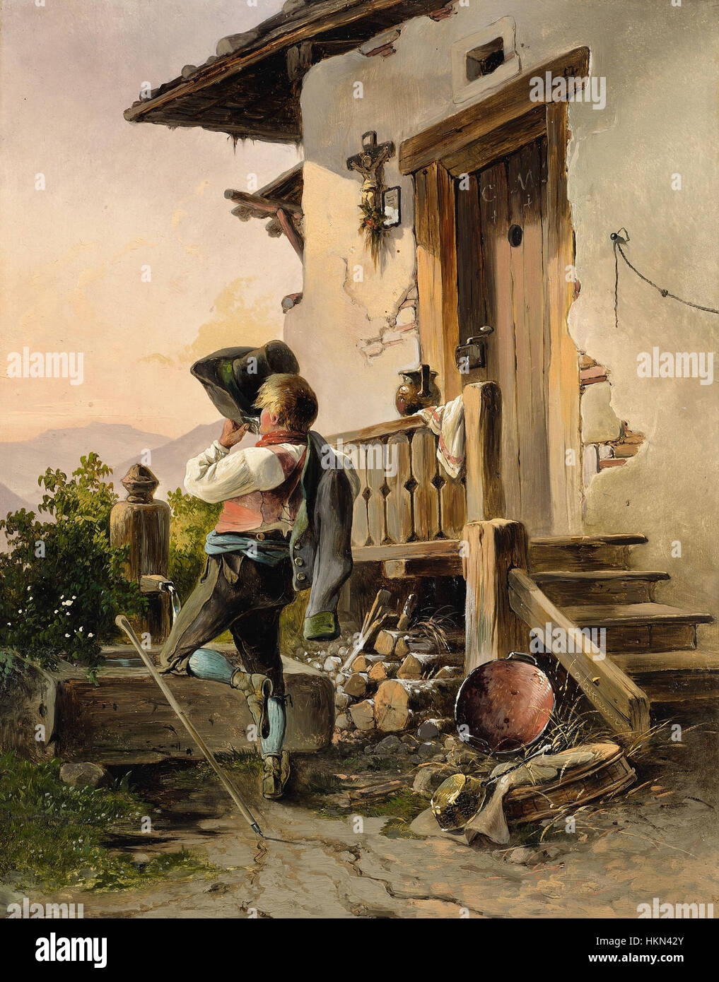 'Rast und Erfrischung am Brunnen' by Anton Altmann is a painting depicting a rest stop at a fountain. The work captures a moment of relaxation in a rural setting, focusing on the serene atmosphere and rural life. Stock Photo