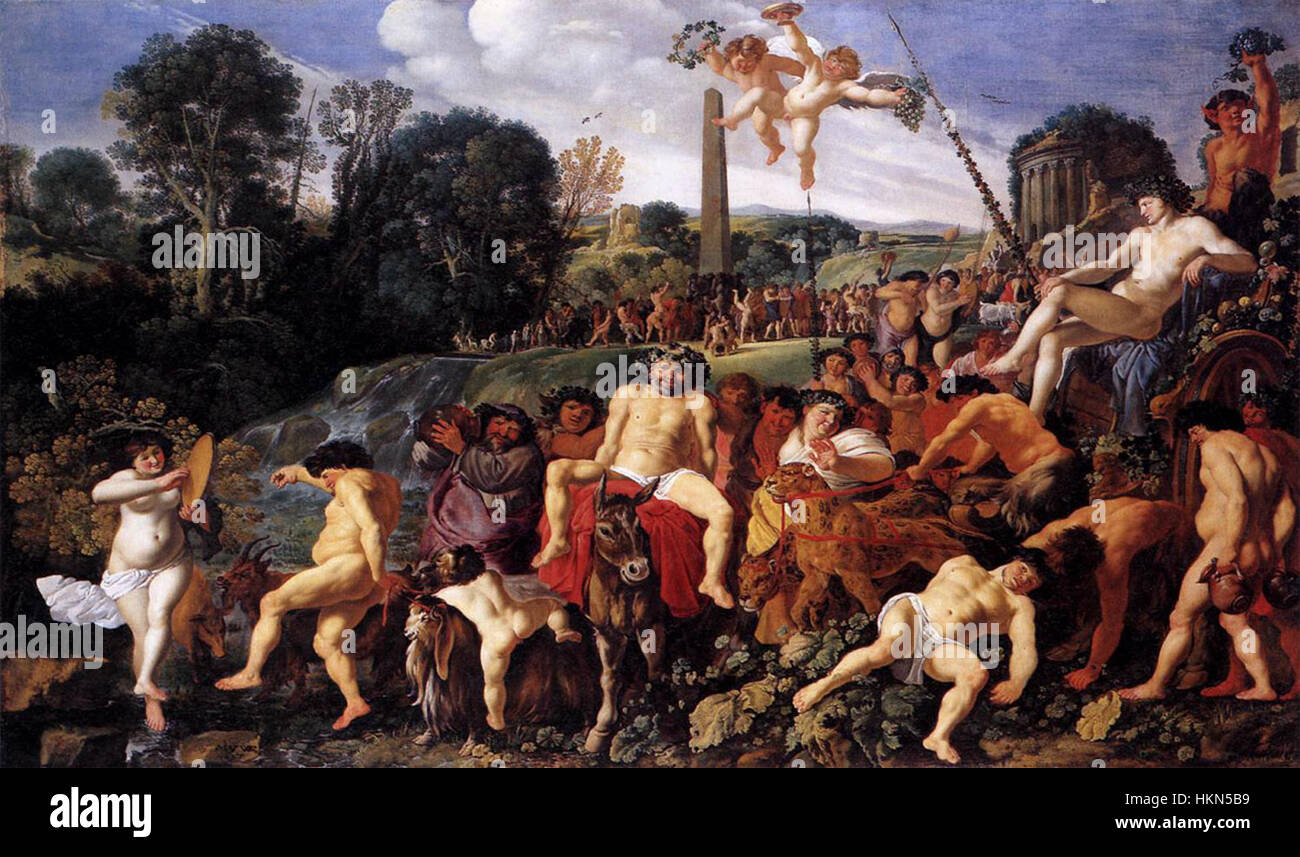 Moses van Uyttenbroeck's 'Bacchanal' (1627) is an oil painting depicting the Roman god Bacchus surrounded by revelers in a scene of exuberant celebration. The work highlights the artist's skill in capturing dynamic movement and classical mythology. Stock Photo