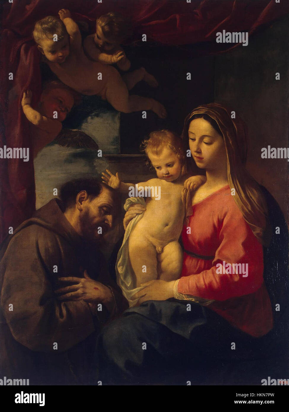 Simone Cantarini - Madonna with Child and St Francis of Assisi Stock Photo