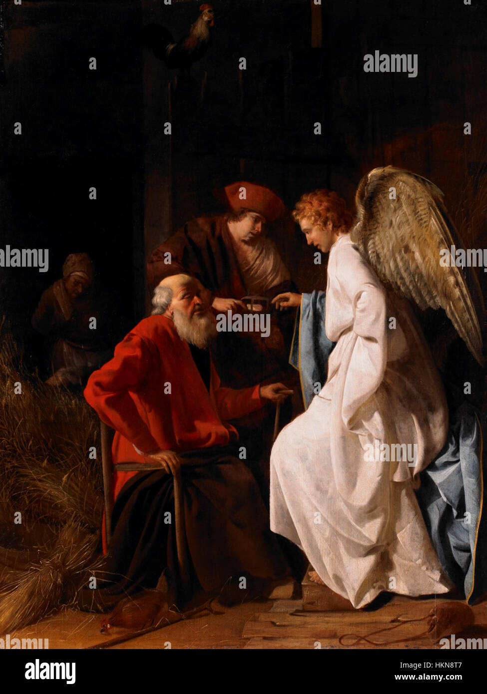Simon Hendricksz. van Amersfoort's painting 'Tobias and the Angel' illustrates the biblical story of Tobias curing his father Tobit of blindness. The work is noted for its rich detail and Baroque style. Stock Photo