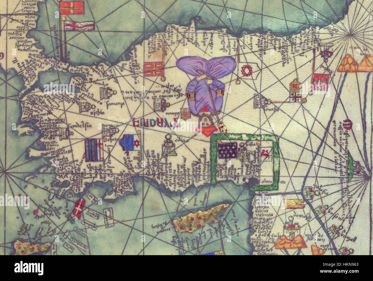 Abraham and Jehuda Cresques Catalan Atlas. Eastern Europe view from the south.C Stock Photo