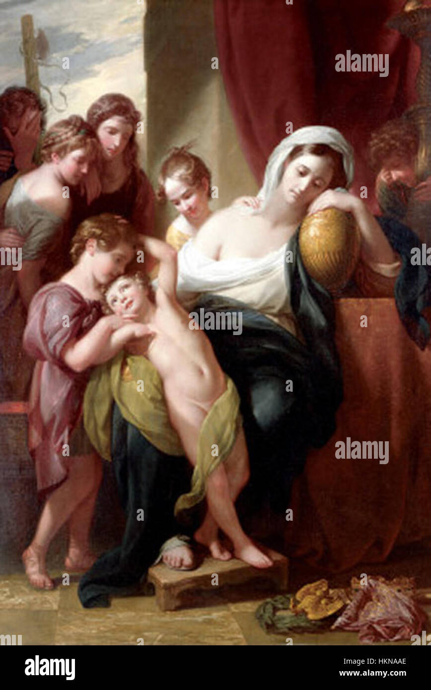 Benjamin West’s 1773 painting, 'Agrippina and Her Children Mourning over the Ashes of Germanicus,' depicts a dramatic moment from Roman history, showcasing Agrippina's grief after the death of her husband Germanicus. Stock Photo