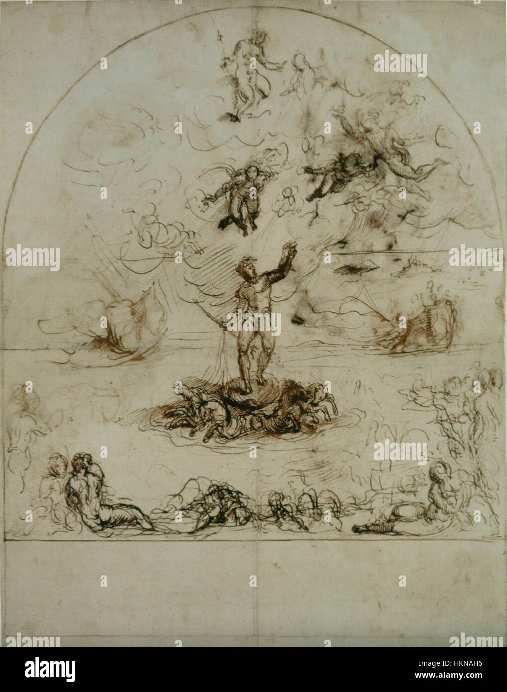 Agostino Carracci's painting 'Neptune' captures the Roman god of the sea in dramatic and dynamic fashion. The work highlights Carracci's mastery of Baroque art, with powerful imagery and vivid colors that bring the mythological figure to life. Stock Photo