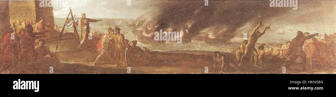 The painting 'Archimedes burns Roman ships with burning mirrors' illustrates the legendary moment when Archimedes used mirrors to set fire to the Roman fleet. The historical scene showcases the combination of ancient technology and strategic warfare during the Siege of Syracuse. Stock Photo