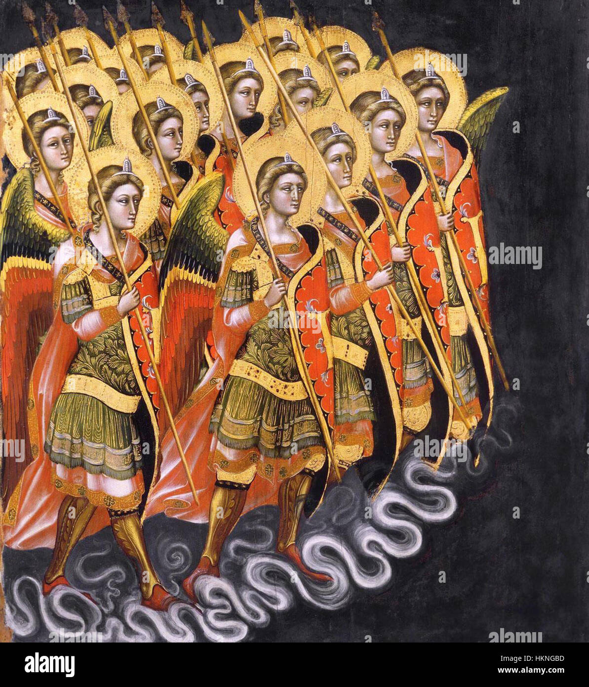 'Angels' Army' is a painting by Guariento, an Italian artist from the 14th century. The work depicts a divine army of angels, showcasing Guariento's religious themes and intricate Gothic style that was prevalent during the period of Italian Renaissance art. Stock Photo