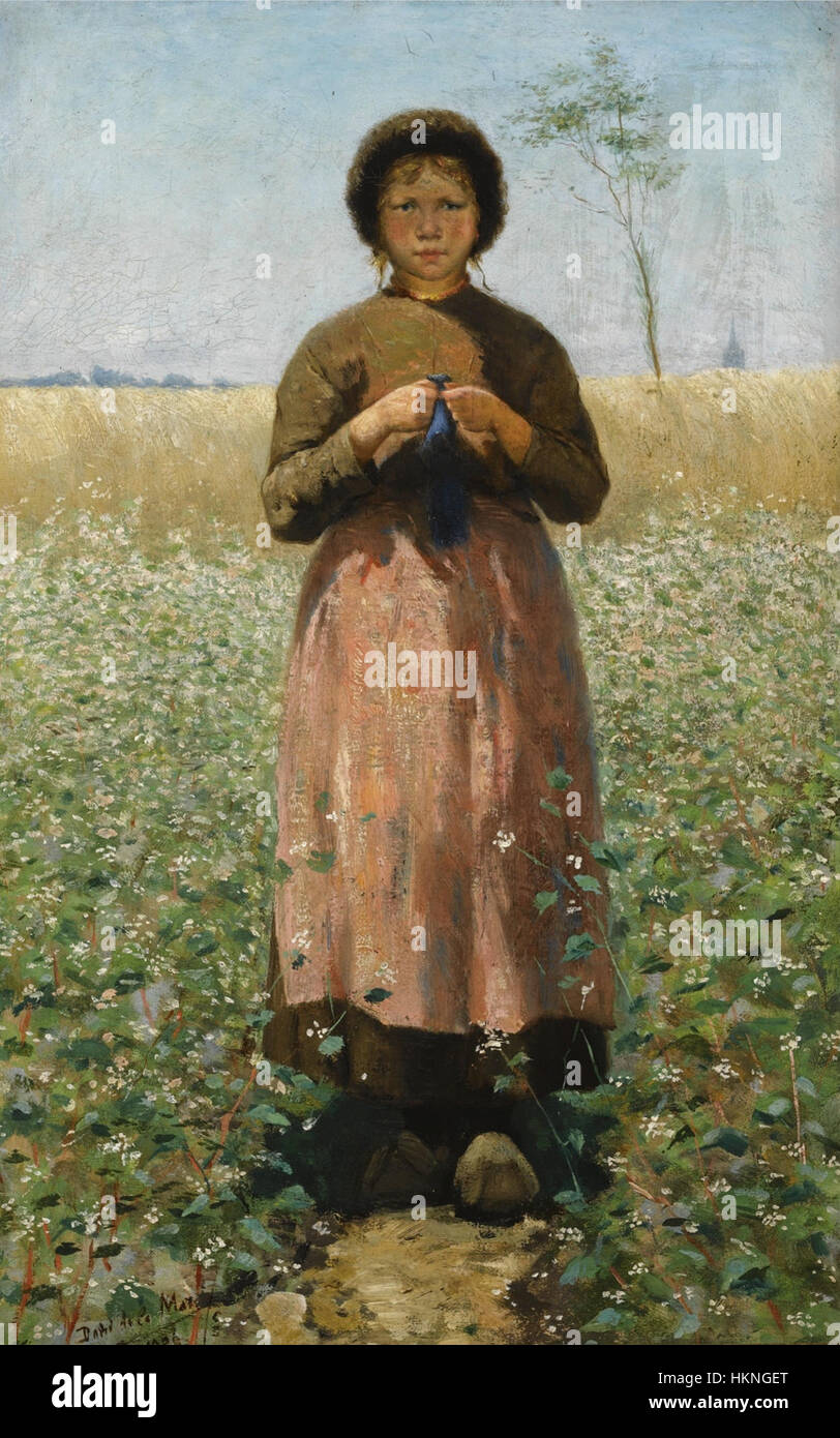 A peasant girl in a field of flowers by David de la Mar (1832-1898) Stock Photo