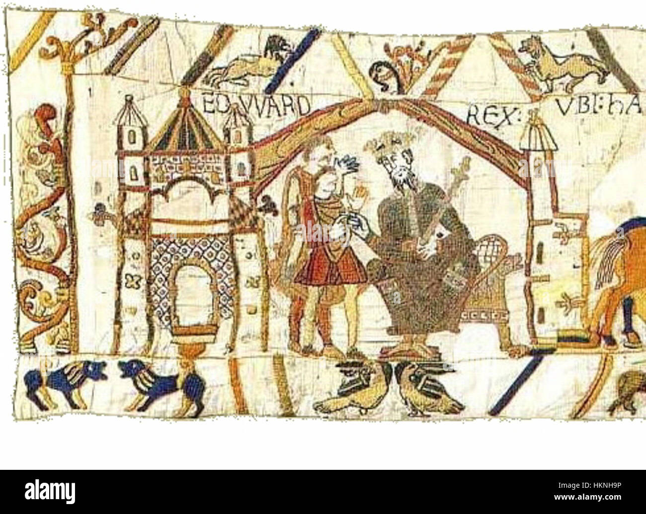 The Bayeux Tapestry, specifically Scene 1, depicts the arrival of King ...