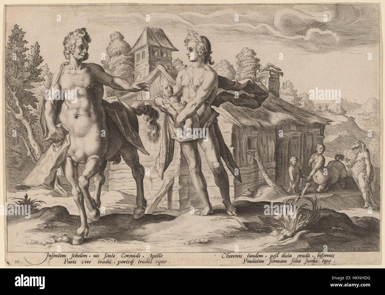 This 1590 etching, 'Apollo Entrusting Chiron with the Education of Aescalapius,' captures a mythological scene where Apollo gives Chiron the responsibility of educating his son, Aescalapius. The work, part of the National Gallery of Art collection, reflects classical themes and the influence of Greco-Roman mythology in Renaissance art. Stock Photo