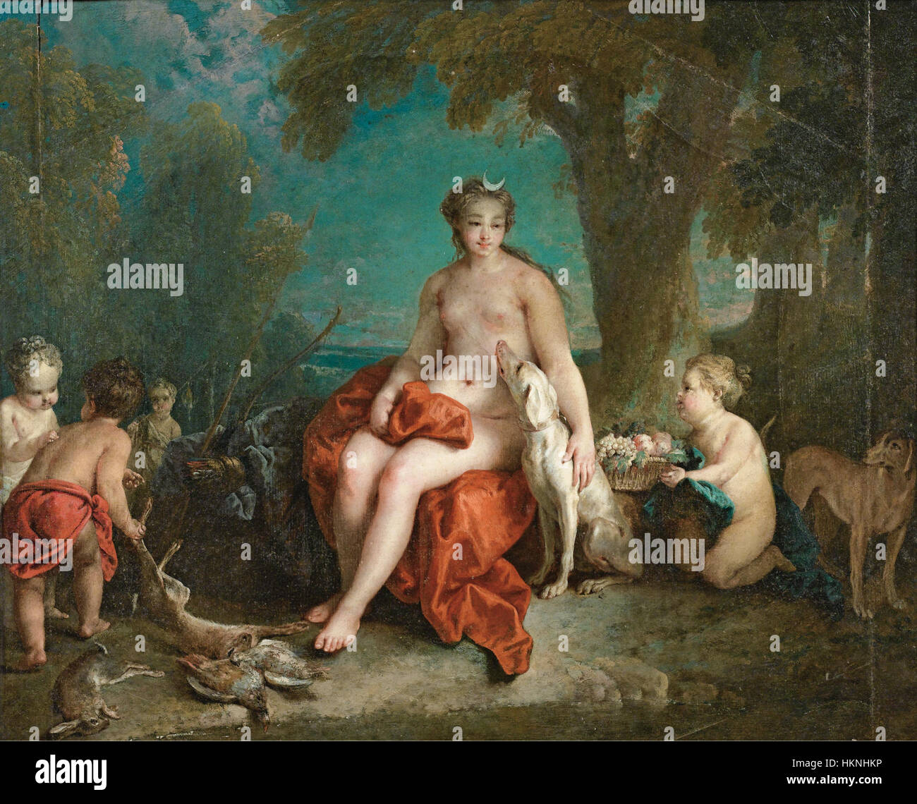 'Le repos de Diane' by Auger Lucas is an oil painting depicting the Roman goddess Diana in a peaceful repose. The artwork exemplifies the classical portrayal of mythological figures, with intricate attention to anatomy, drapery, and the serene expression of the goddess. The painting is characterized by its neoclassical style, highlighting Lucas' skill in creating lifelike figures and elegant compositions. Stock Photo