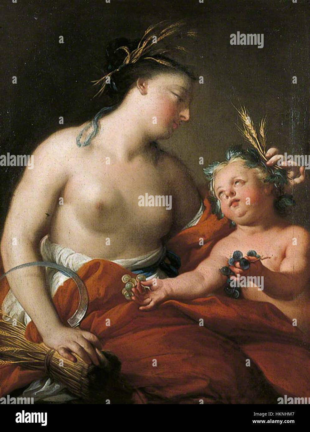Andrea Casali's 'Allegory of Autumn (Ceres),' painted in 1755, illustrates the Roman goddess Ceres, symbolizing the harvest and the autumn season. The artwork reflects the Rococo style, with detailed and vibrant compositions. Stock Photo