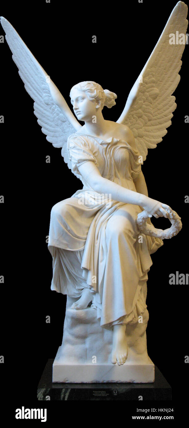 This 19th-century sculpture by Rauch titled 'Kranzwerfende Viktoria' depicts the figure of Victoria, the Roman goddess of victory. The statue symbolizes triumph and victory, embodying classical ideals. Stock Photo