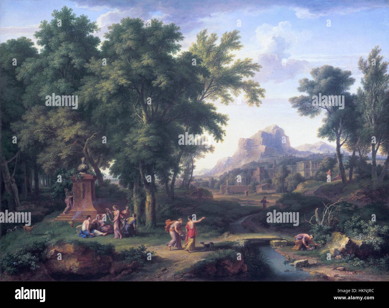 This painting by Jan van Huijsum portrays an Arcadian landscape, featuring a classical bust of Flora, the Roman goddess of flowers. The work exemplifies the Rococo style, blending nature with mythology in a serene and elegant scene. Stock Photo