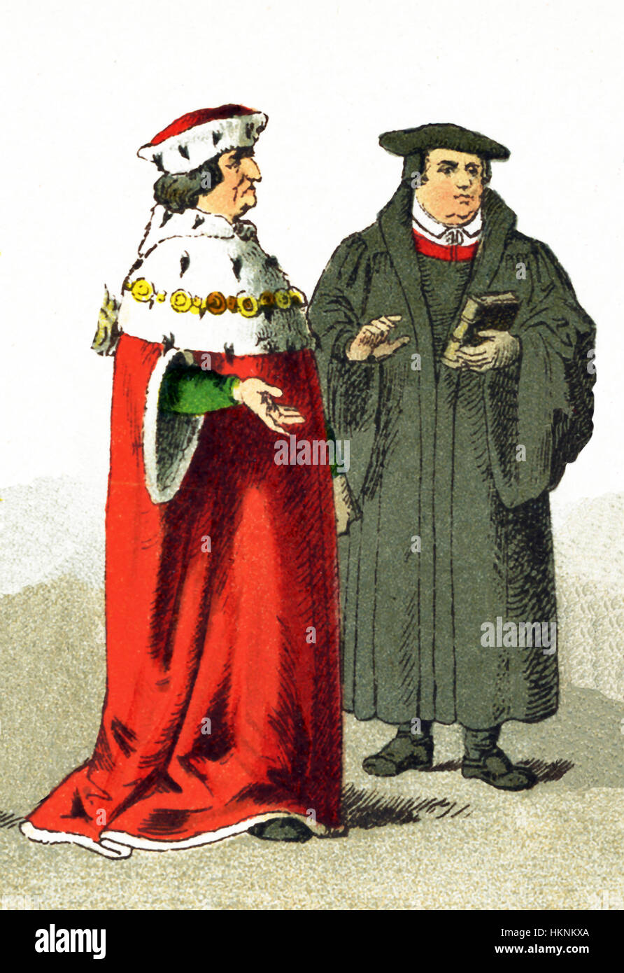 The figures represented here are an elector and Martin Luther. Both are Germans dating to the 1500s. Martin Luther (1483-1746) was leader of the Protestant Reformation. The title 'elector' was the title given a German prince entitled to take part in the election of the Holy Roman Emperor. The illustration dates to 1882. Stock Photo
