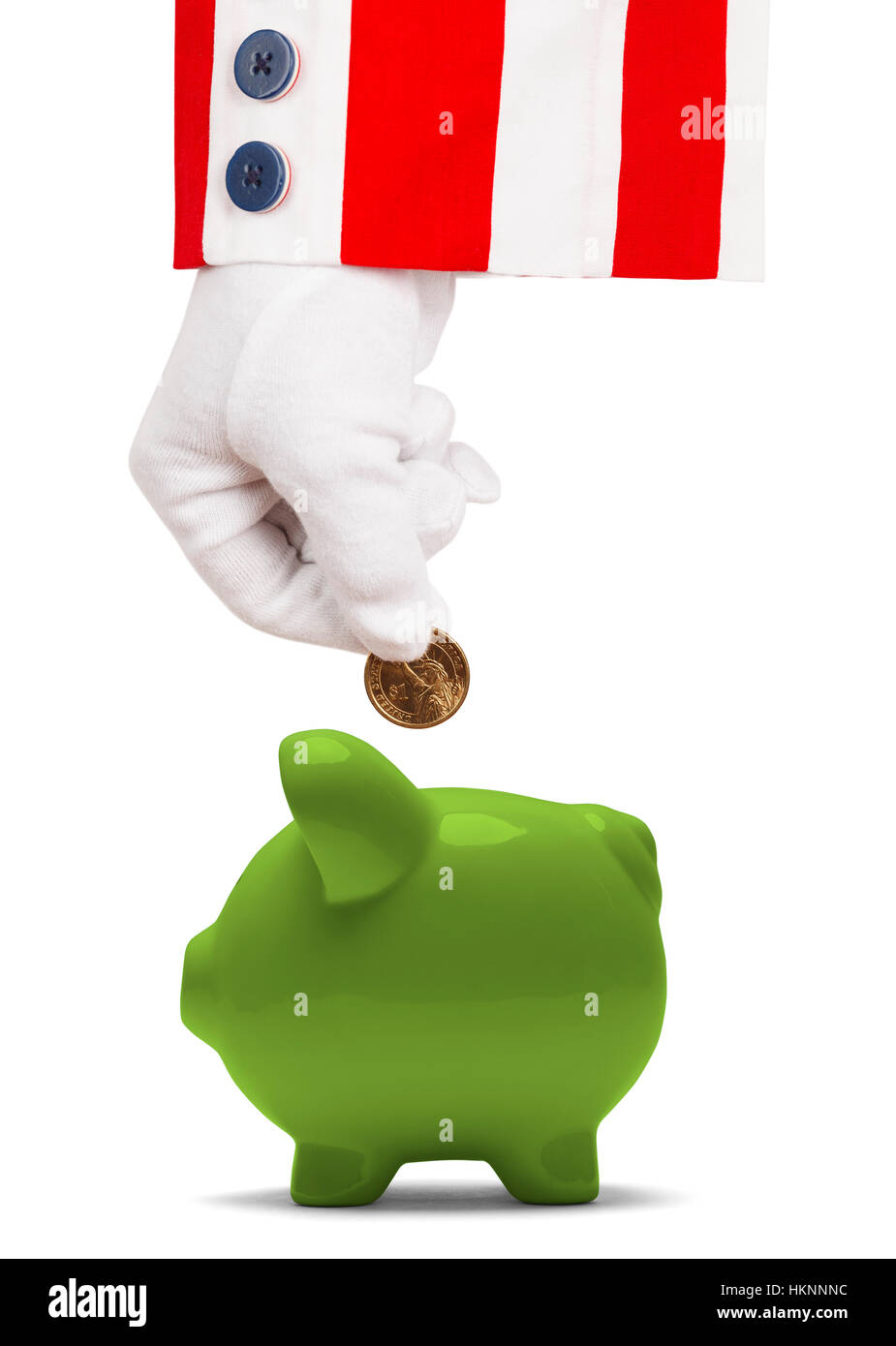President Putting Money Into Piggy Bank Isolated on White. Stock Photo