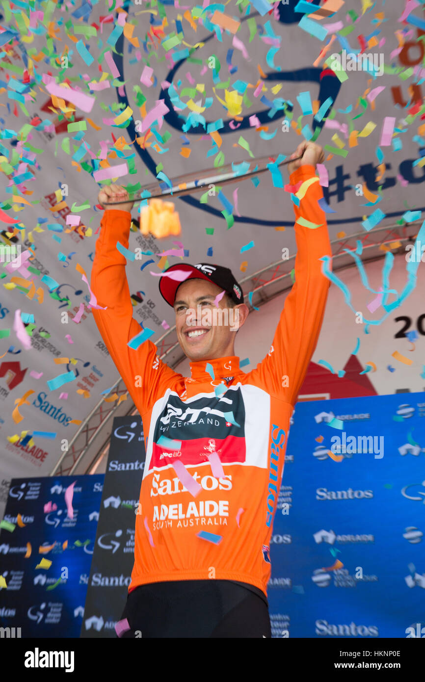 Richie Porte of the BMC Racing Team celebrates winning the 2017 Tour Down Under in Adelaide Australia Stock Photo